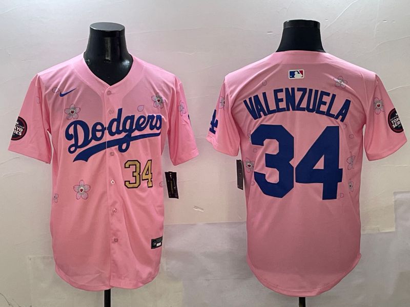 Men Los Angeles Dodgers 34 Valenzuela Pink Sakura Edition 2025 Nike MLB Jersey style 2